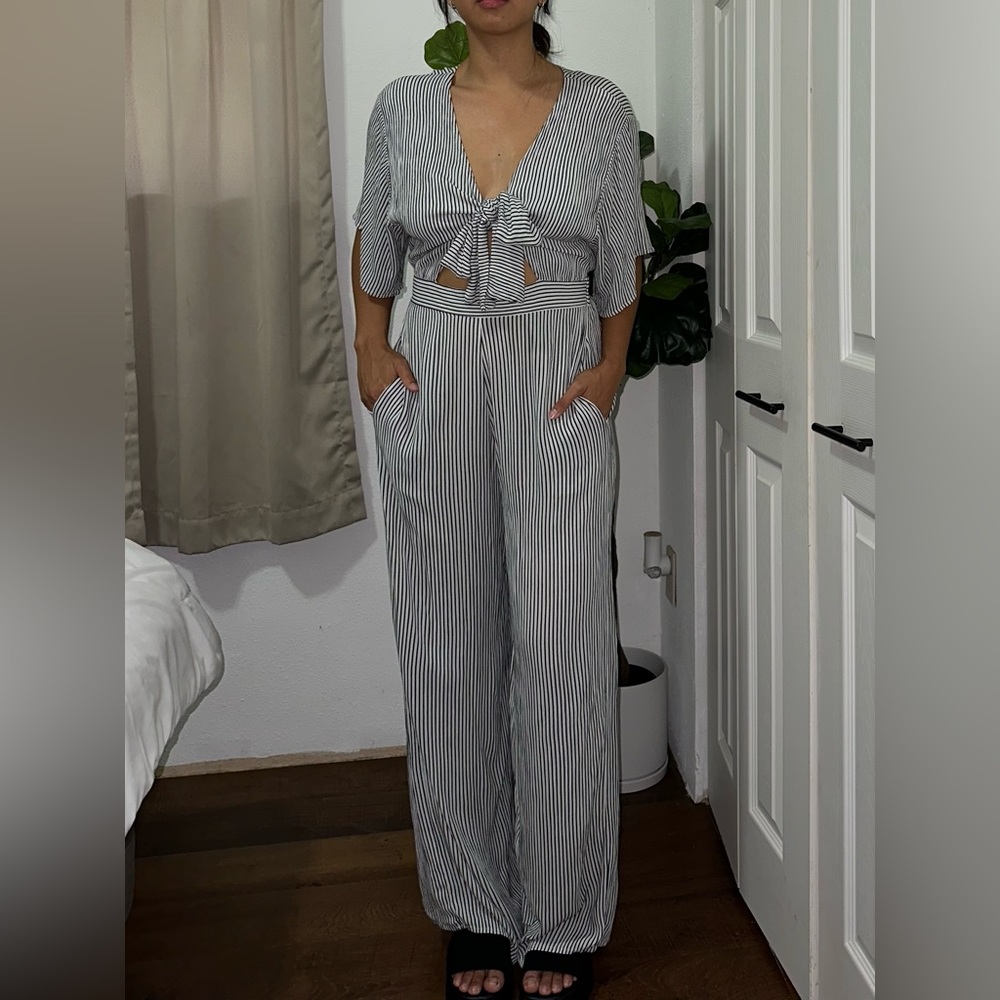 Forever21 Striped front tie jumpsuit